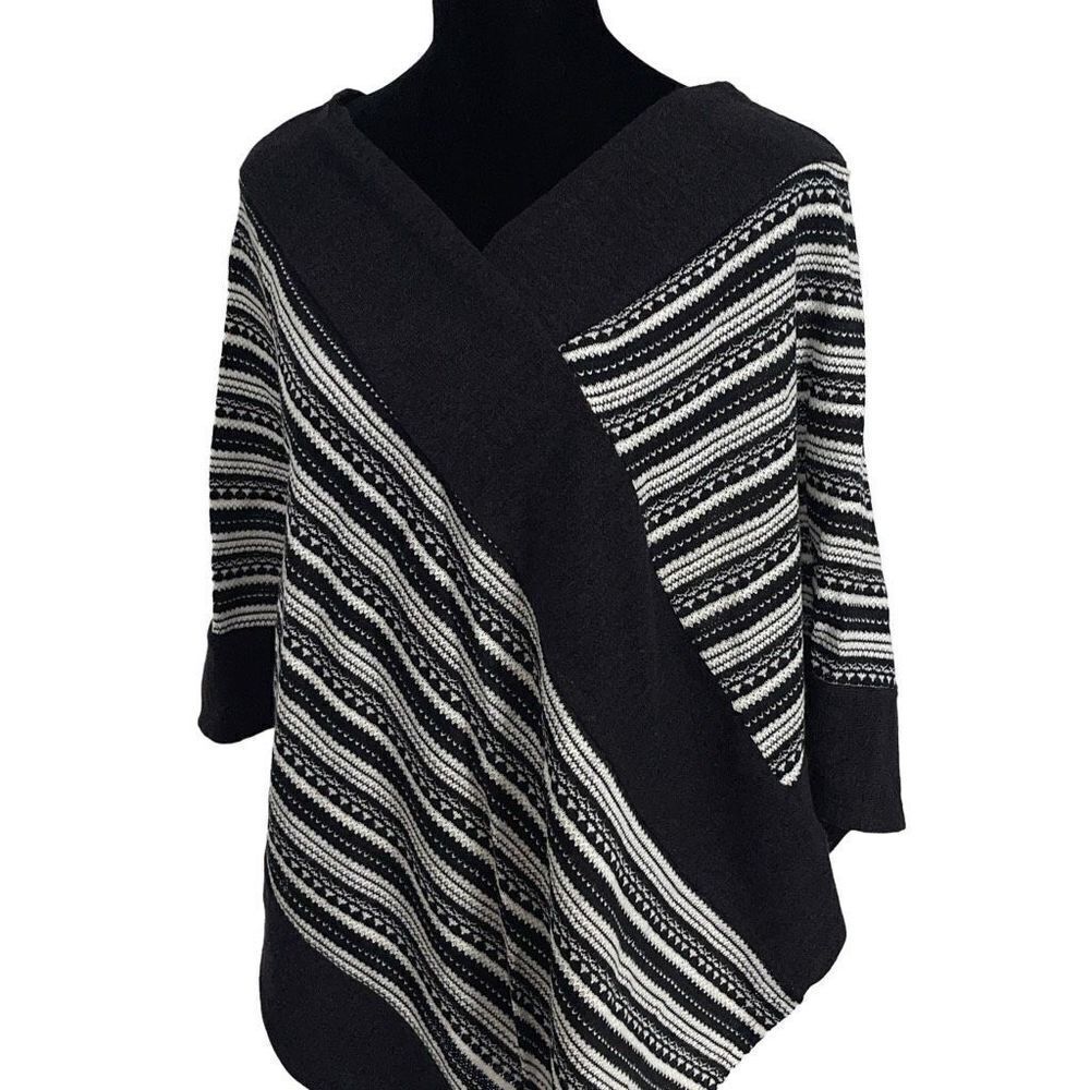 Style & Co Womens Poncho Sweater Striped Pullover 100% Acrylic Black White Small